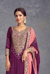 Purple Chinon Bandhani Embroidered  Kurti With Sharara Dupatta