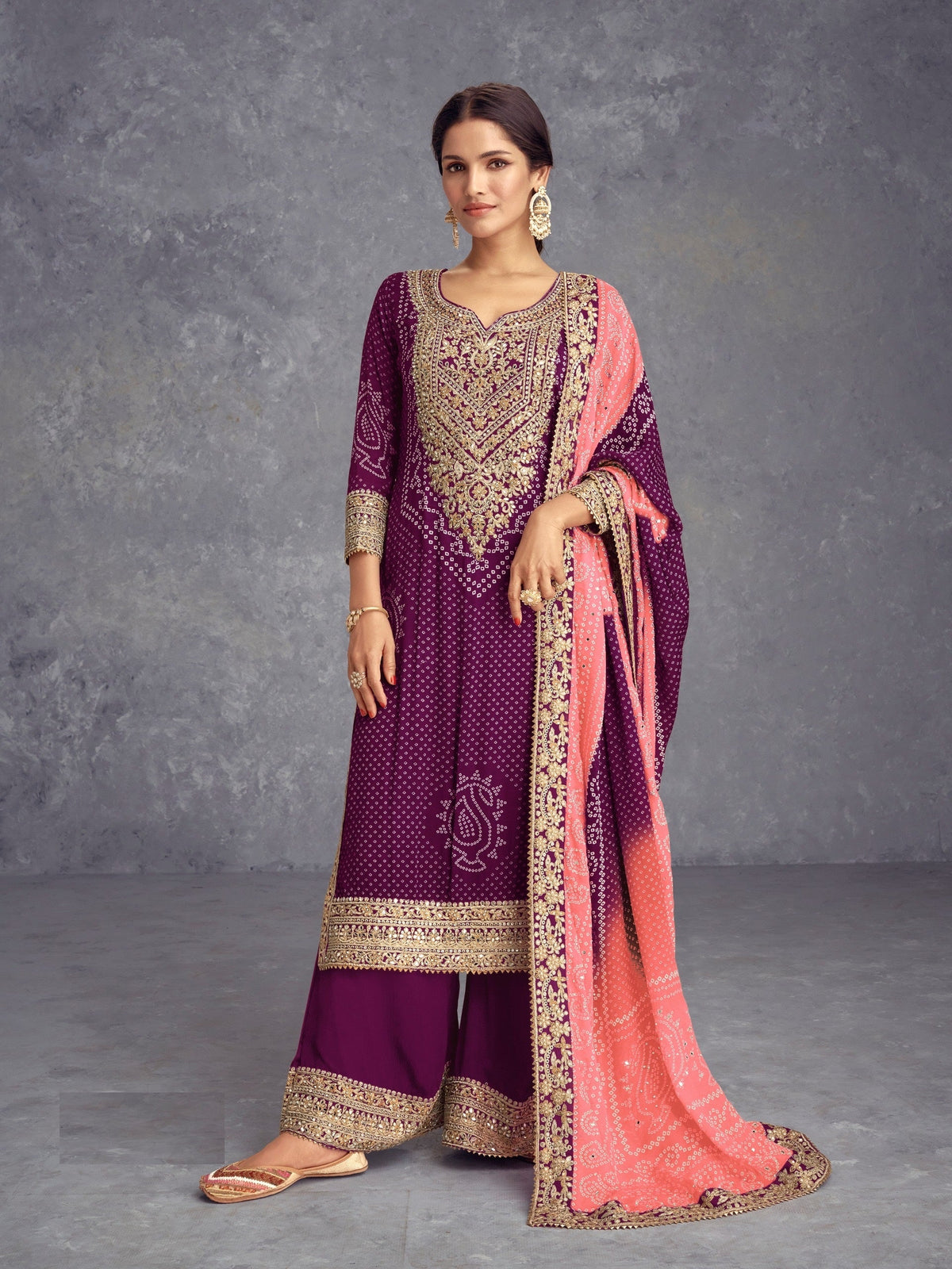 Purple Chinon Bandhani Embroidered  Kurti With Sharara Dupatta