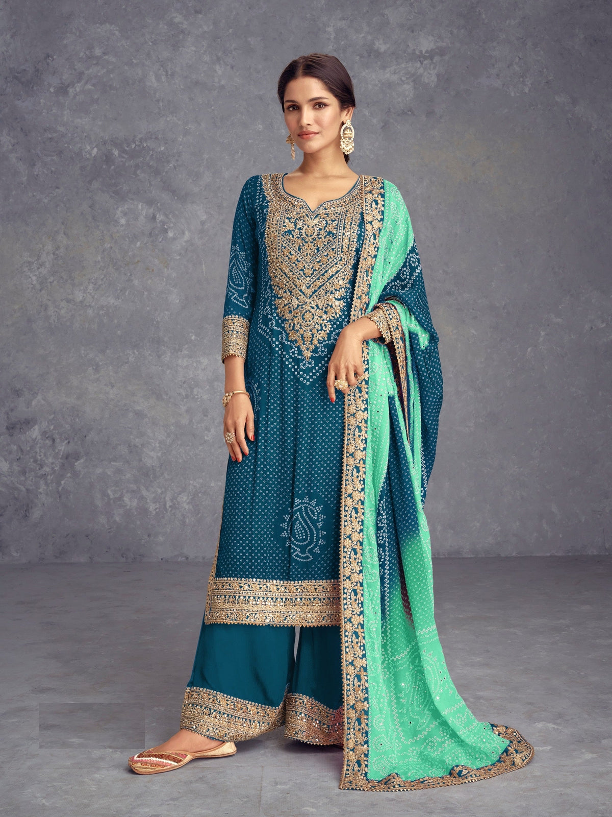 Rama Chinon Bandhani Embroidered  Kurti With Sharara Dupatta