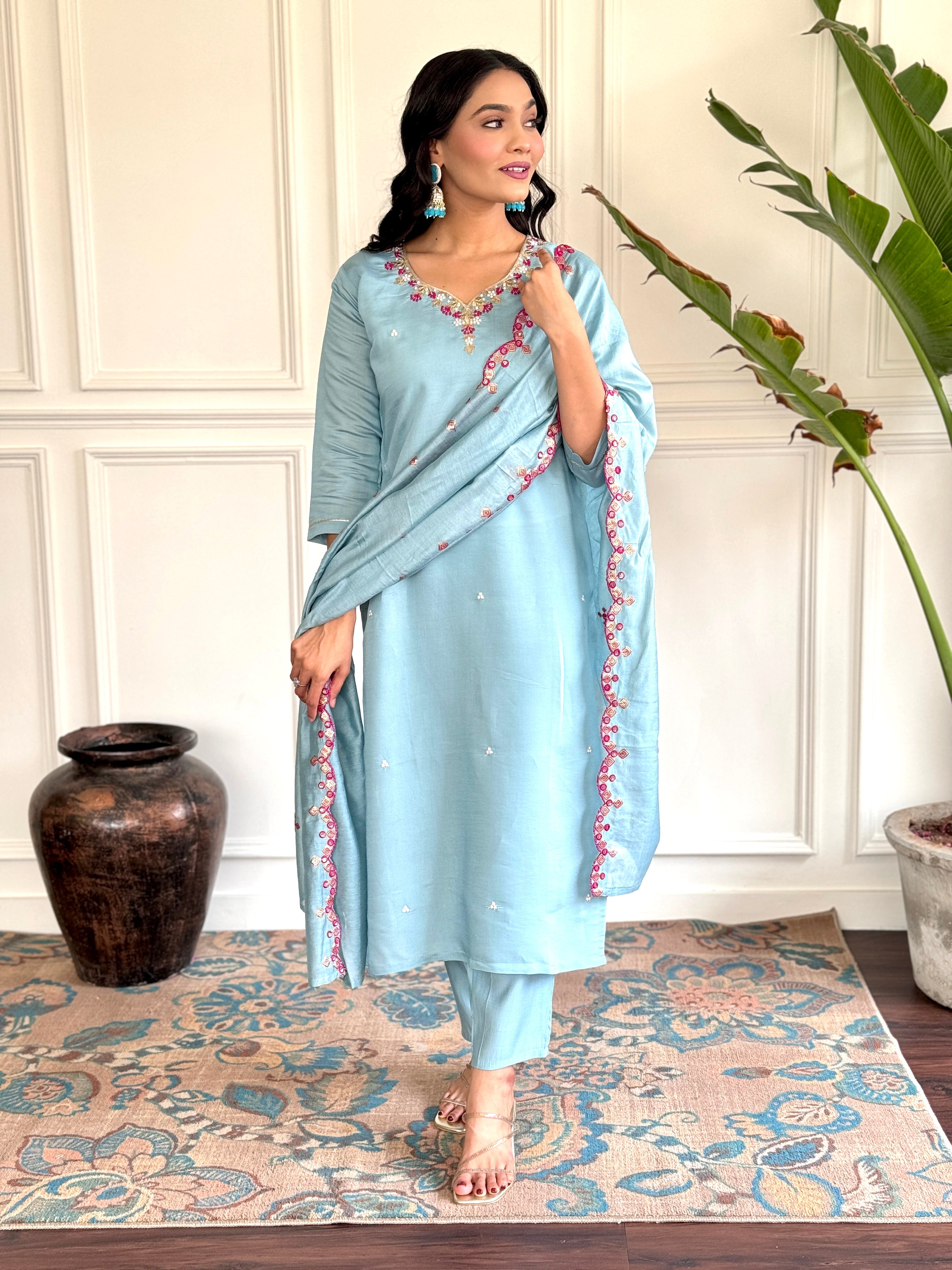 Sky Viscose Chanderi Embroidered  Kurti With Pant Dupatta