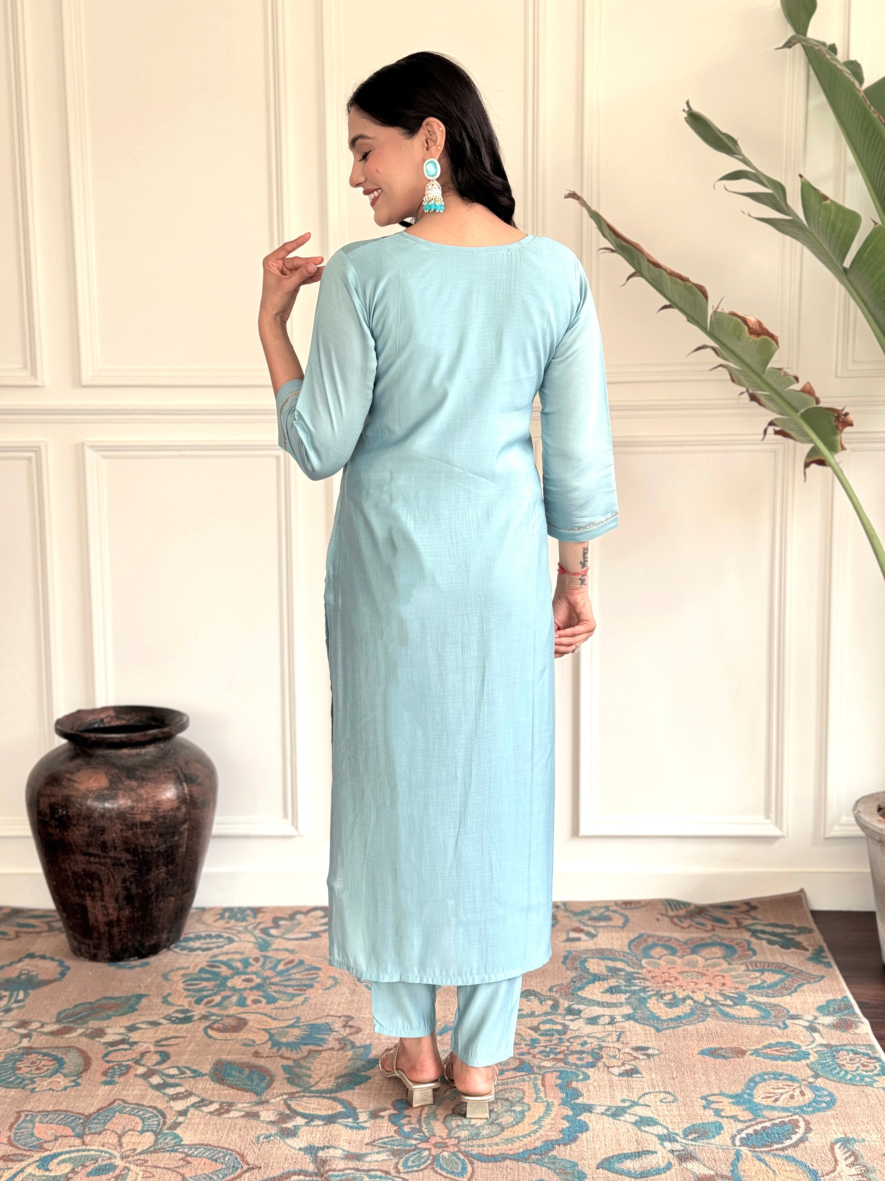 Sky Viscose Chanderi Embroidered  Kurti With Pant Dupatta