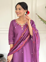 Light Purple Viscose Chanderi Embroidered  Kurti Pant Dupatta