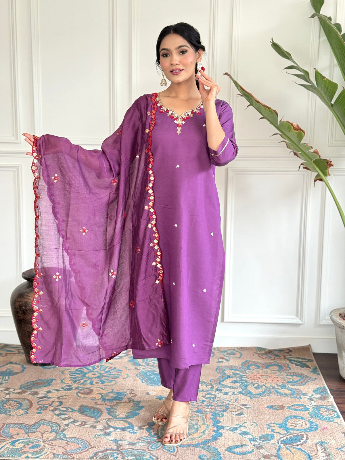 Light Purple Viscose Chanderi Embroidered  Kurti Pant Dupatta