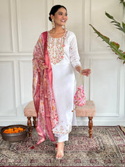 White Viscose Chanderi Embroidered  Kurti Pant Dupatta