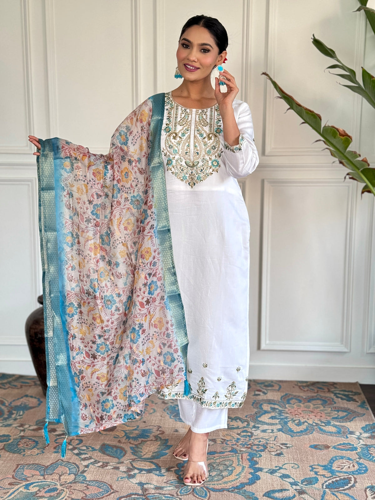 White Viscose Chanderi Embroidered  Kurti Pant Printed Dupatta