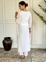 White Viscose Chanderi Embroidered  Kurti Pant Printed Dupatta