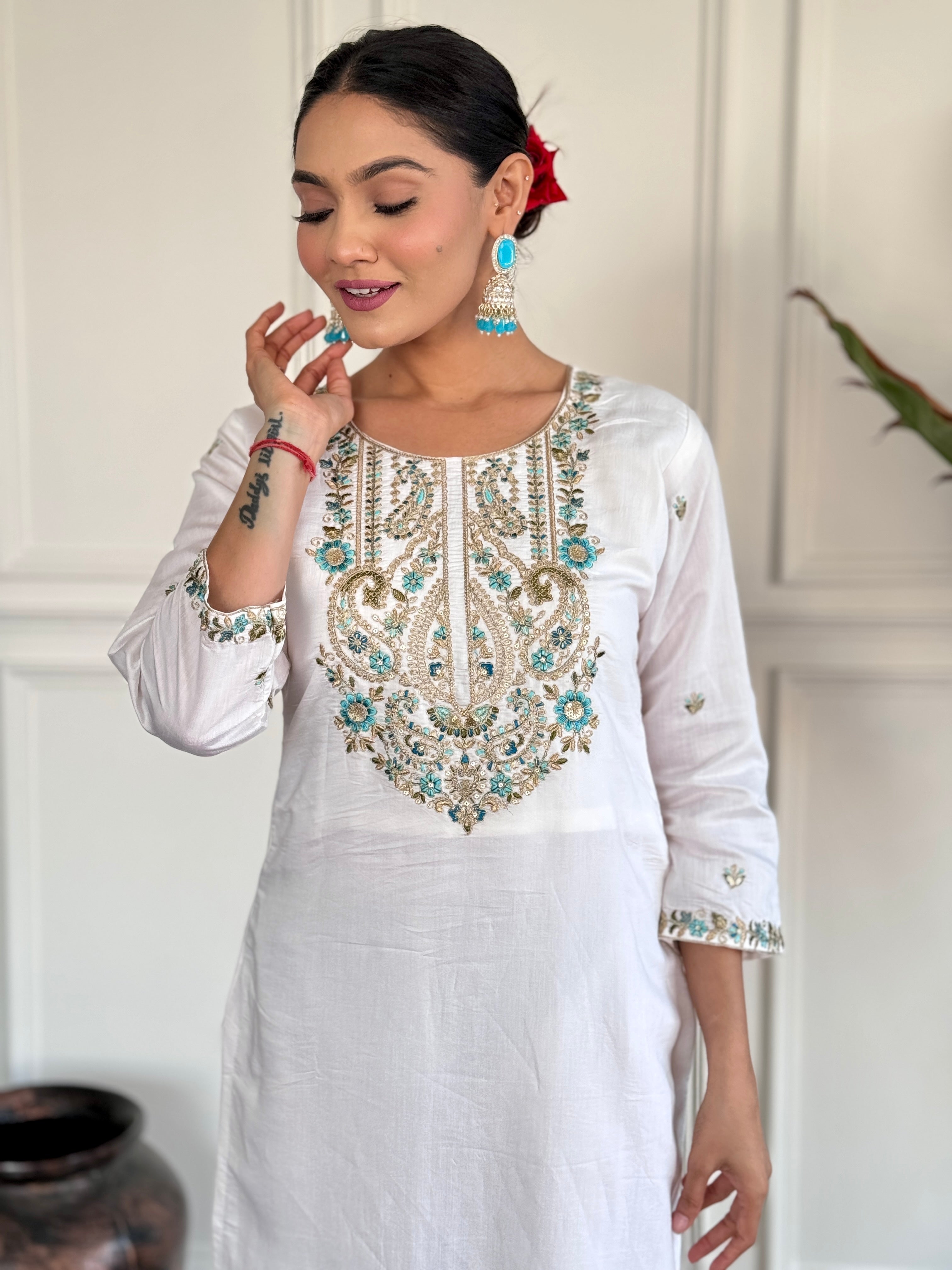 White Viscose Chanderi Embroidered  Kurti Pant Printed Dupatta