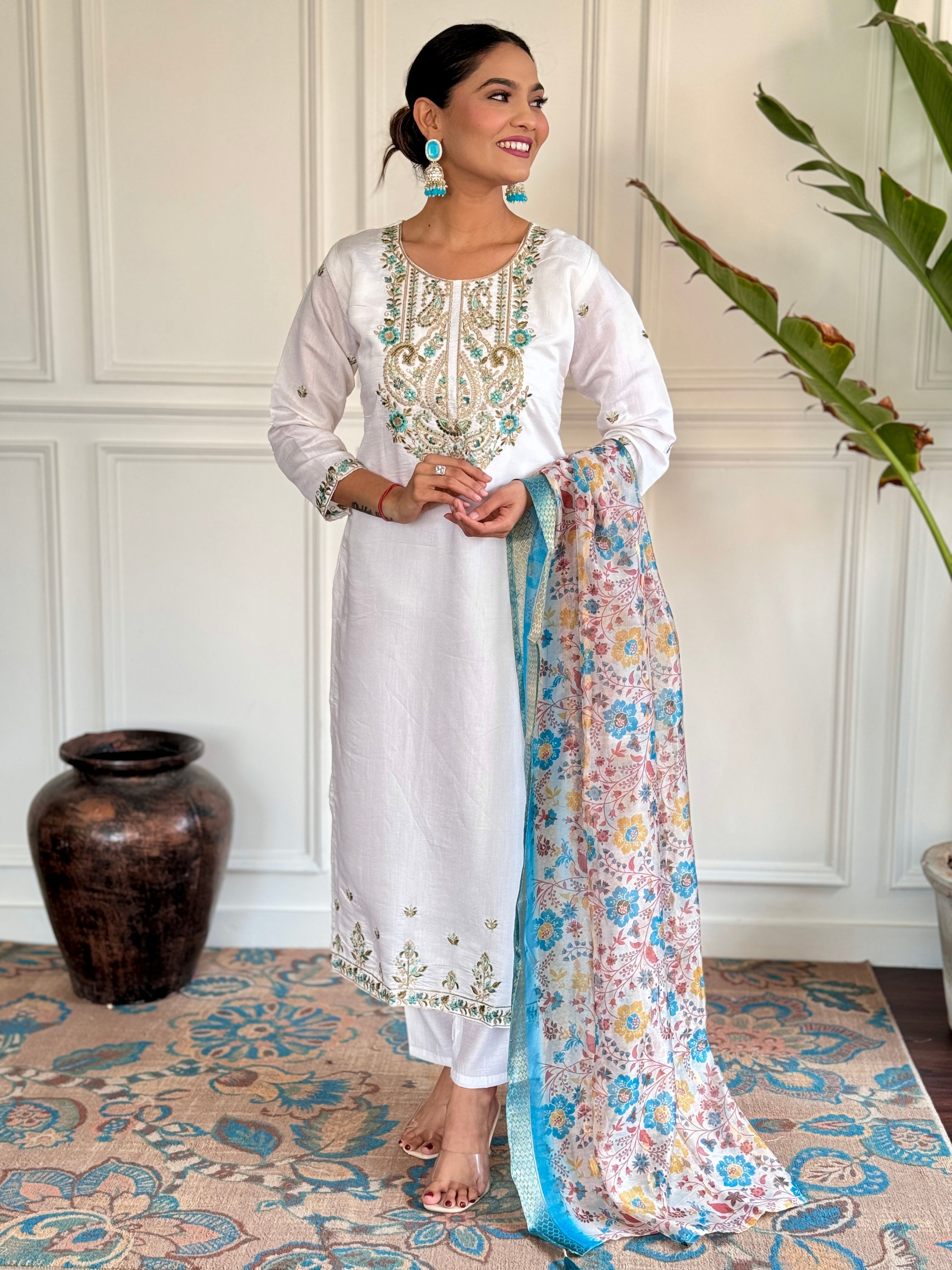 White Viscose Chanderi Embroidered  Kurti Pant Printed Dupatta