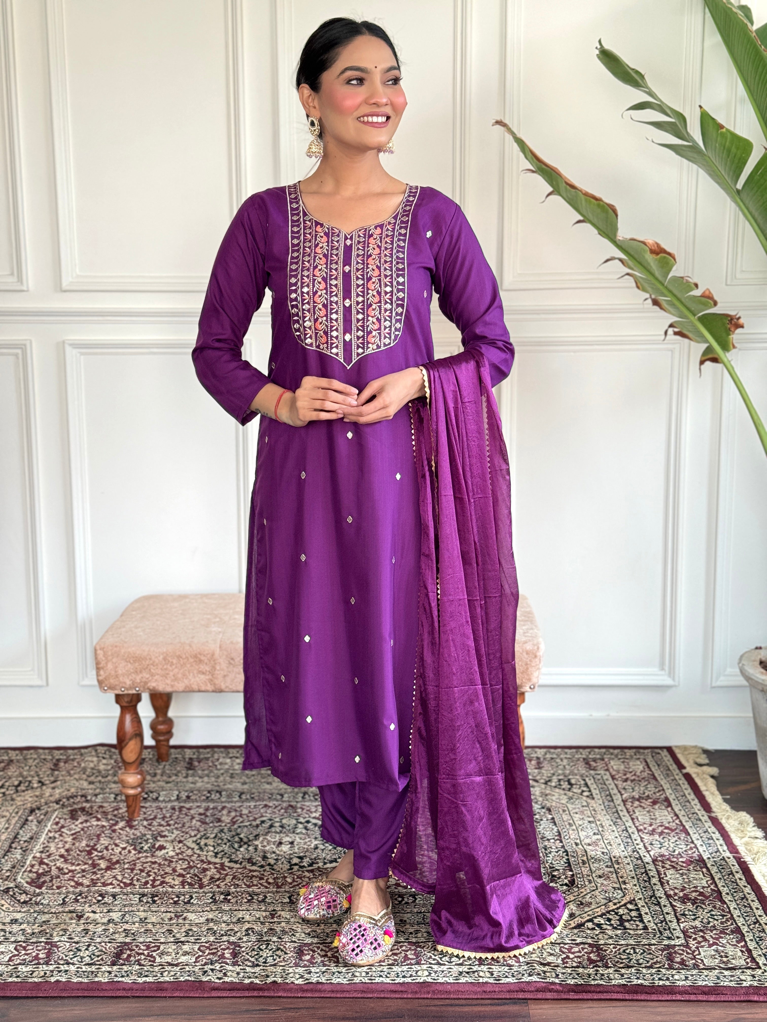 Purple Rayon Slub Embroidered  Kurti With Pant Dupatta