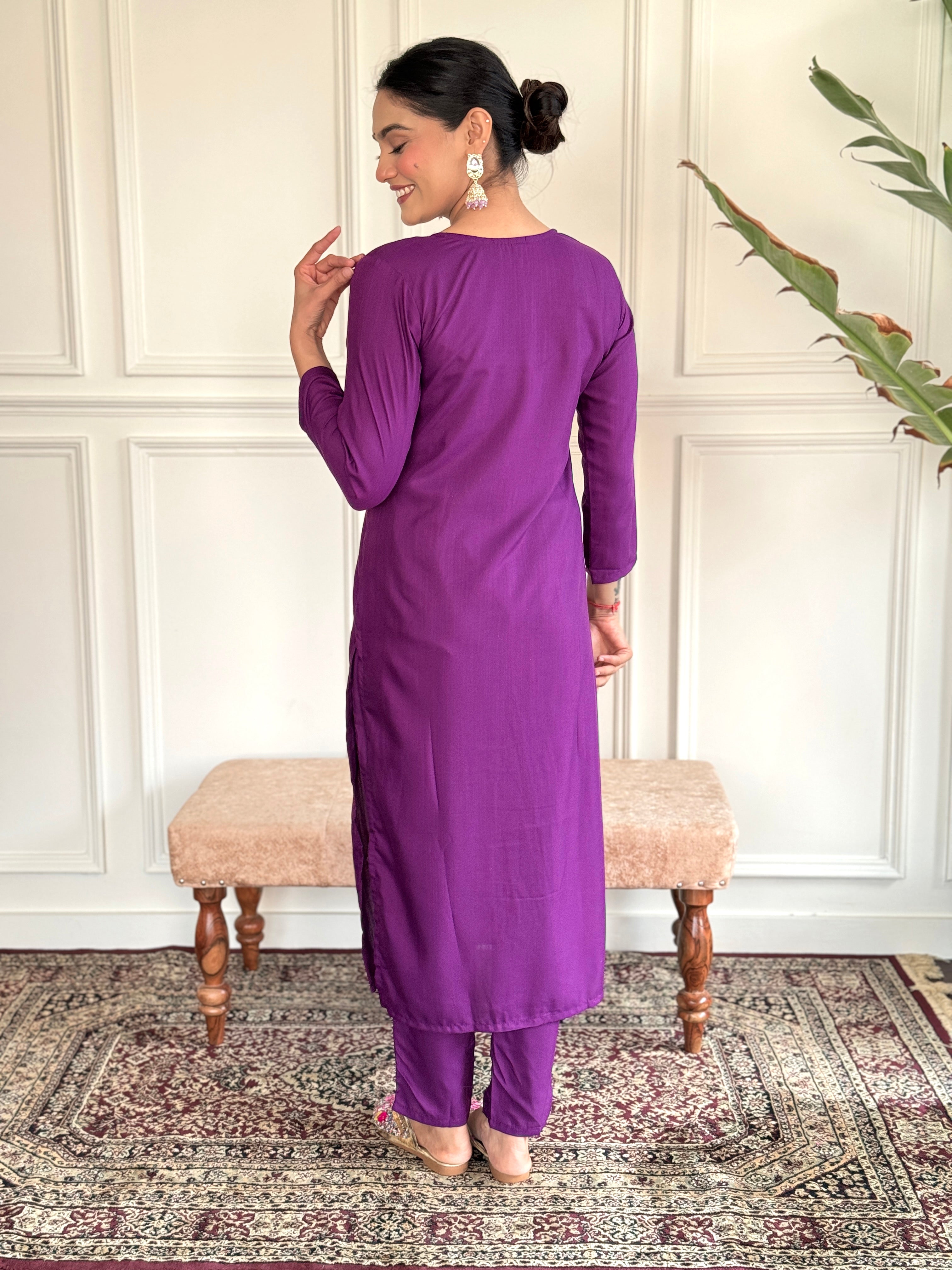 Purple Rayon Slub Embroidered  Kurti With Pant Dupatta