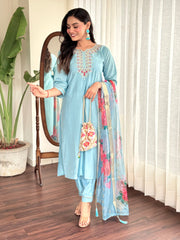 Sky Blue Viscose Chanderi Embroidered  Kurti With Pant Dupatta