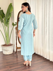 Sky Blue Viscose Chanderi Embroidered  Kurti With Pant Dupatta