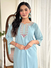 Sky Blue Viscose Chanderi Embroidered  Kurti With Pant Dupatta