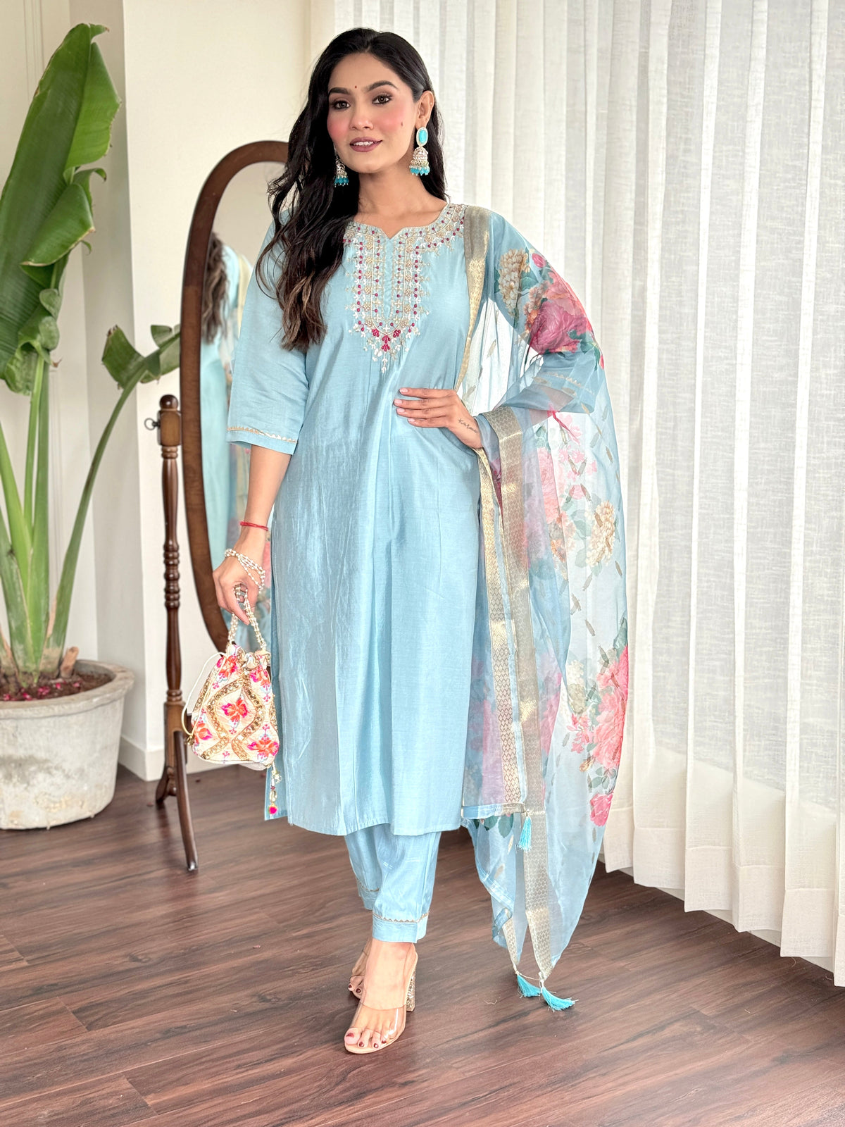 Sky Blue Viscose Chanderi Embroidered  Kurti With Pant Dupatta