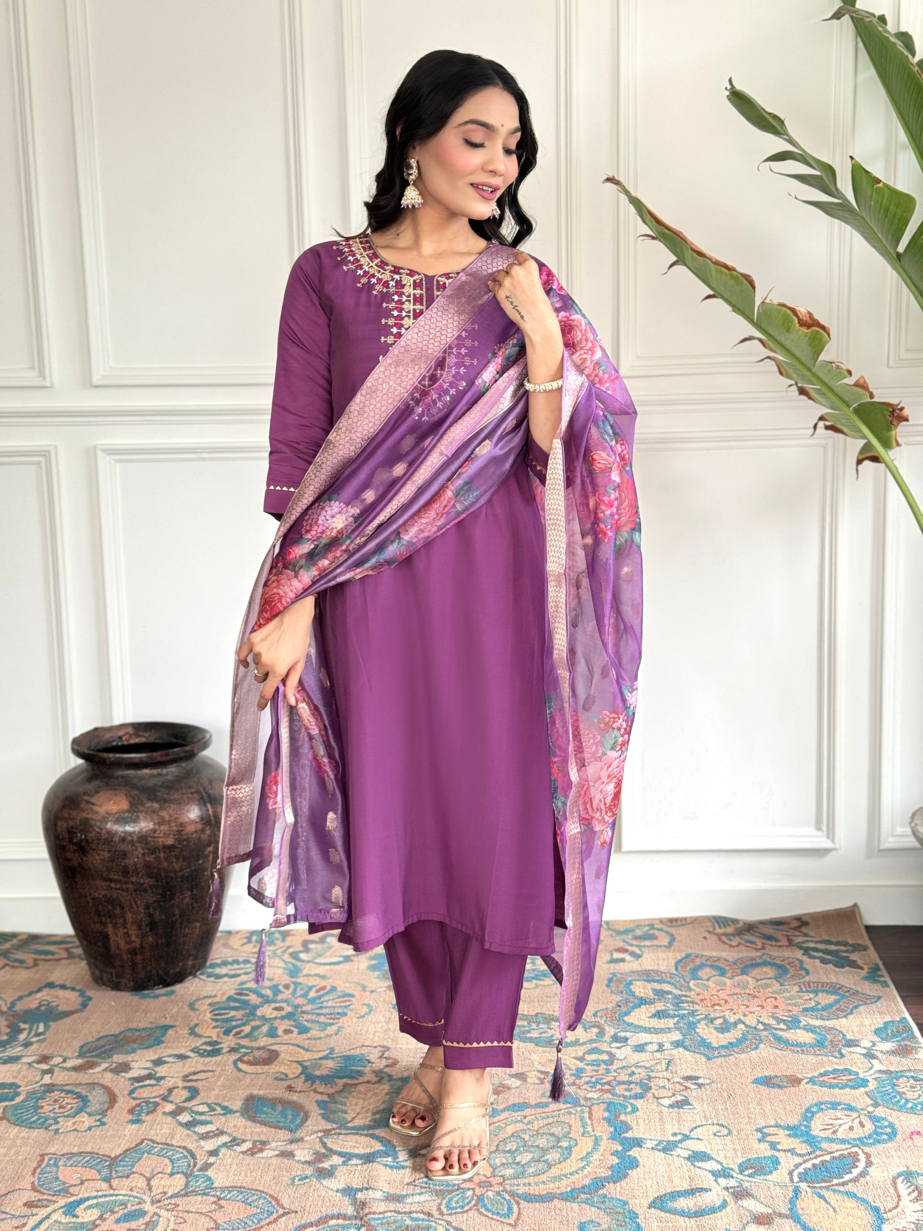 Purple Viscose Chanderi Embroidered  Kurti With Pant Printed Dupatta