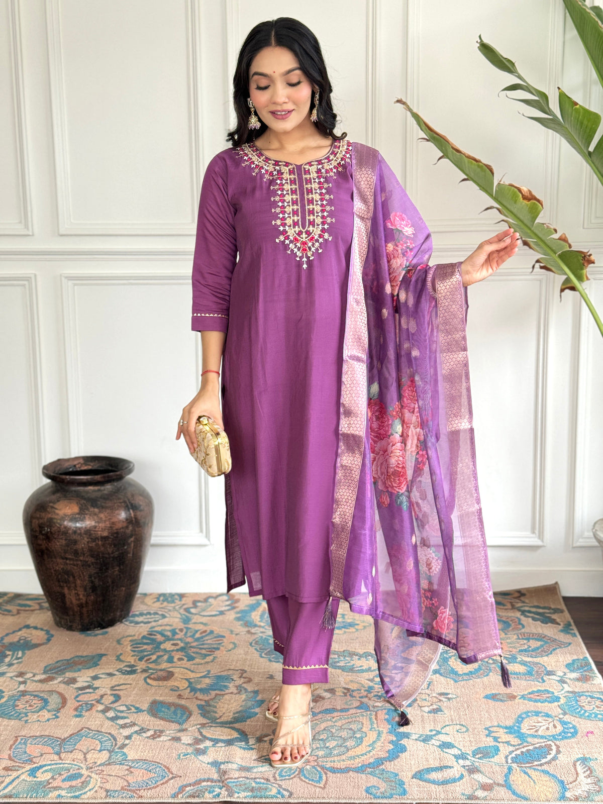 Purple Viscose Chanderi Embroidered  Kurti With Pant Printed Dupatta