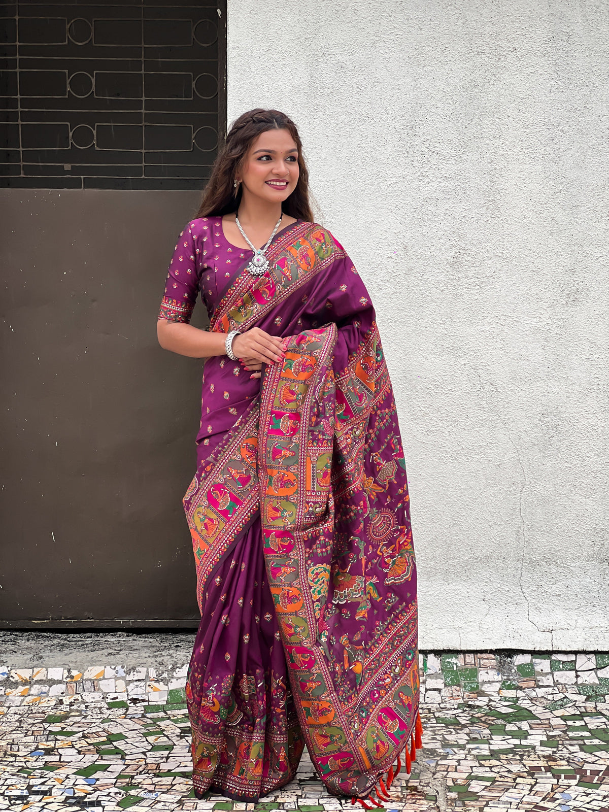 Purple Pashmina Silk Woven Meenakari Saree