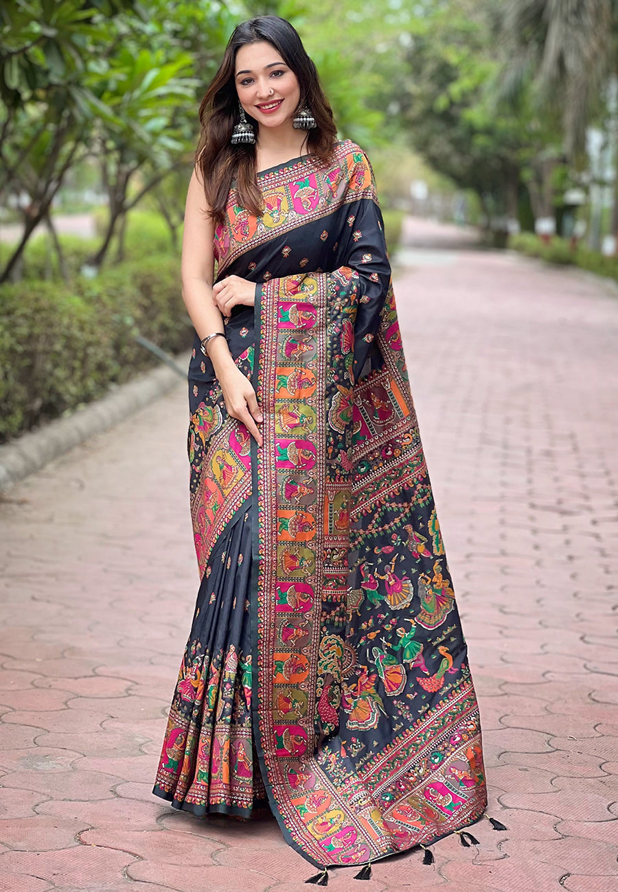 Black Pashmina Silk Woven Saree