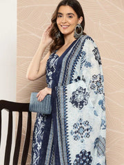 Kurti en viscose bleu marine à imprimé floral avec pantalon Dupatta