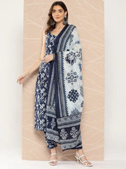 Kurti en viscose bleu marine à imprimé floral avec pantalon Dupatta