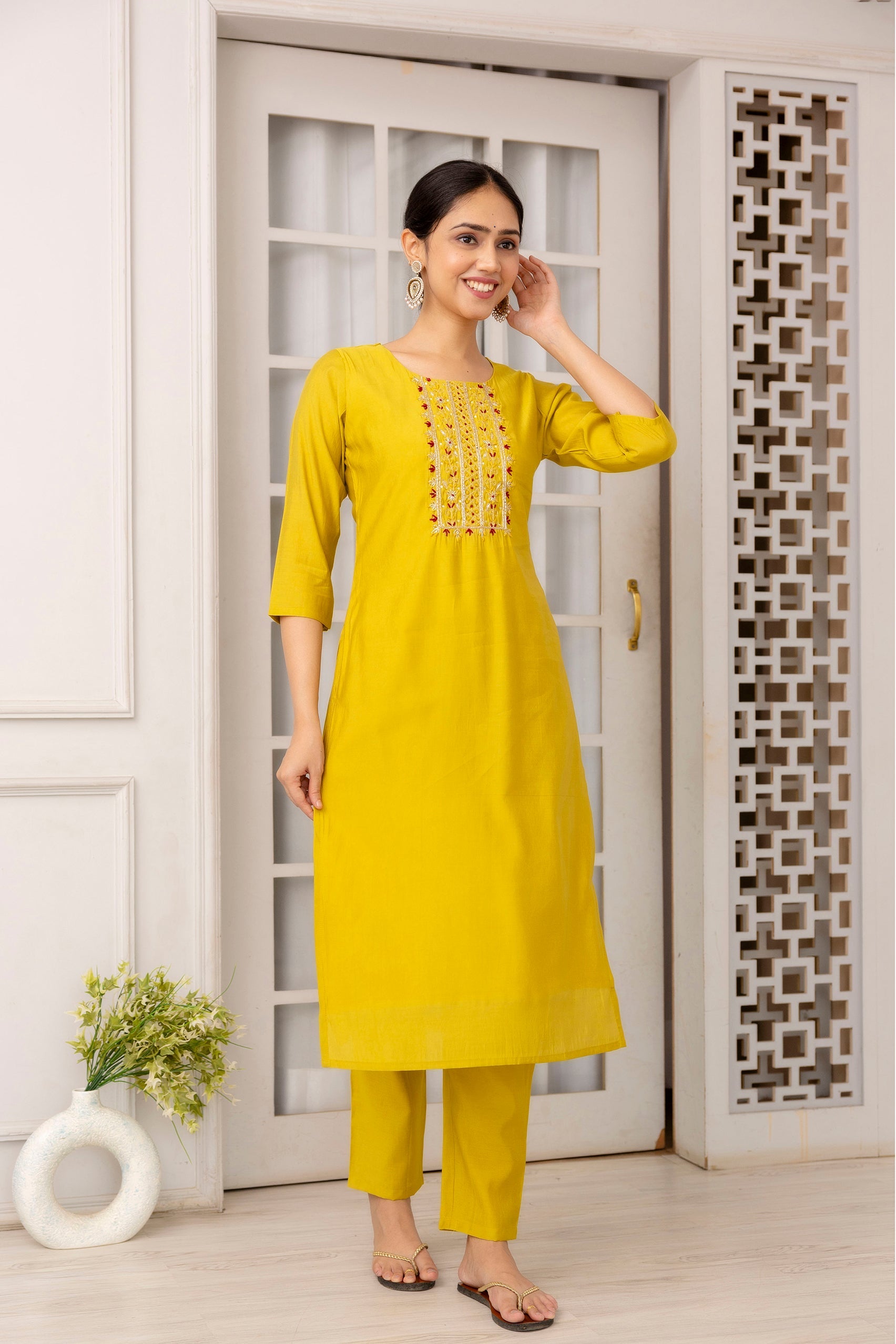 Mustard Viscose Hand Work   Kurti With Pant Dupatta