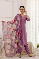 Purple Viscose Hand Work   Kurti With Pant Dupatta