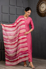 Pink Viscose Hand Work   Kurti With Pant Dupatta