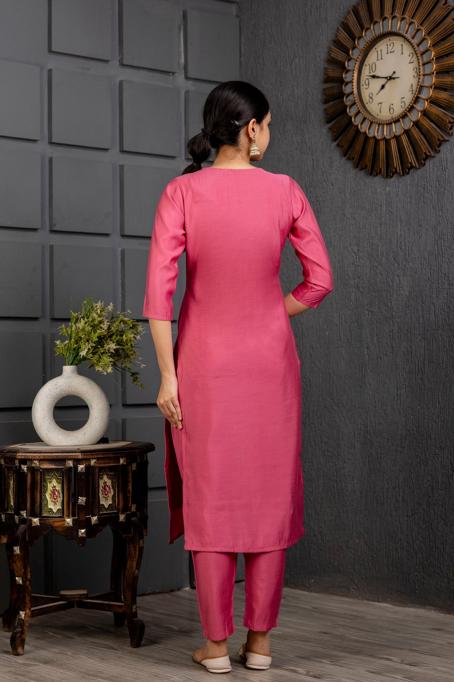 Pink Viscose Hand Work   Kurti With Pant Dupatta