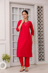 Rani Pink Viscose Hand Work   Kurti With Pant Dupatta