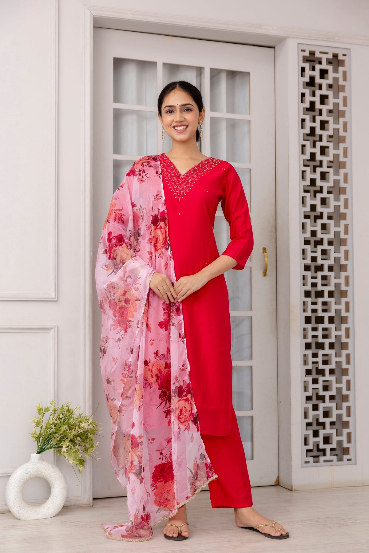 Rani Pink Viscose Hand Work   Kurti With Pant Dupatta