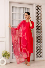 Red Viscose Hand Work   Kurti With Pant Dupatta