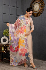 Cream Viscose Embroidered  Kurti Pant Dupatta