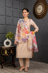 Cream Viscose Embroidered  Kurti Pant Dupatta