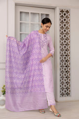 Lavendar Viscose Embroidered  Kurti With Pant Dupatta