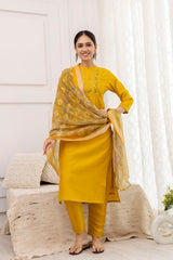 Mustard Viscose Embroidered  Kurti With Pant Dupatta