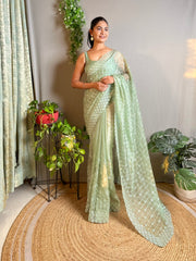 Pista Silk Sequins Embroidered Saree