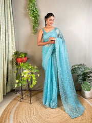 Sky Blue Silk Sequins Embroidered Saree