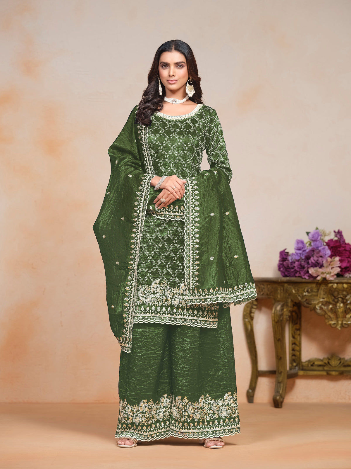 Green Gold Crush Embroidered  Kurti With Bottom Dupatta