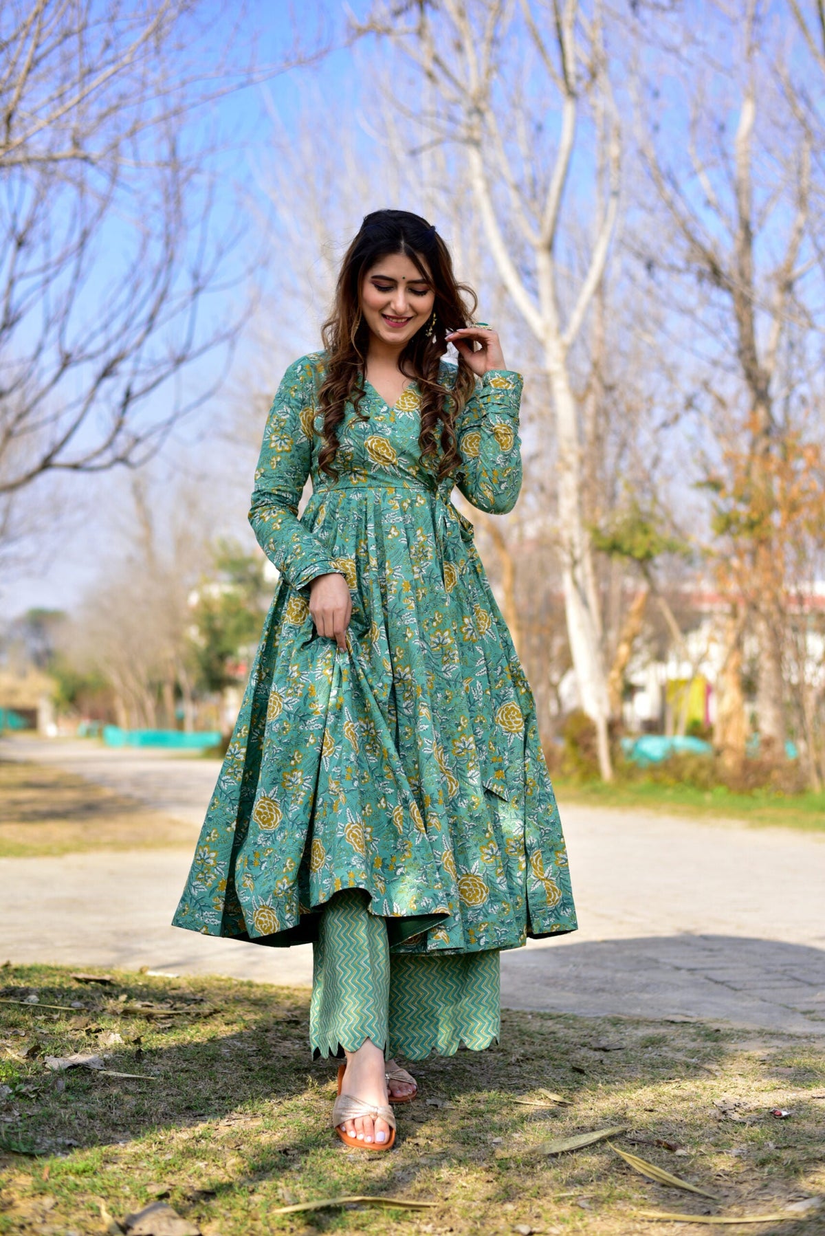 Sea Green Cotton Silk Digital Printed  Kurti With Pant Dupatta