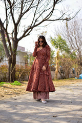 Burgundy Cotton Silk Digital Printed  Kurti With Pant Dupatta