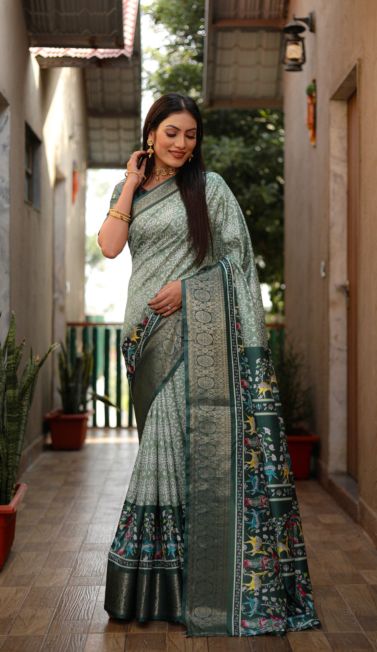 Pista Dola Silk Digital Kalamkari Saree