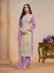 Kurti brodé en organza violet avec pantalon Dupatta