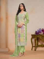 Green Organza Embroidered  Kurti With Pant Dupatta