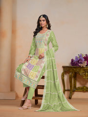 Green Organza Embroidered  Kurti With Pant Dupatta