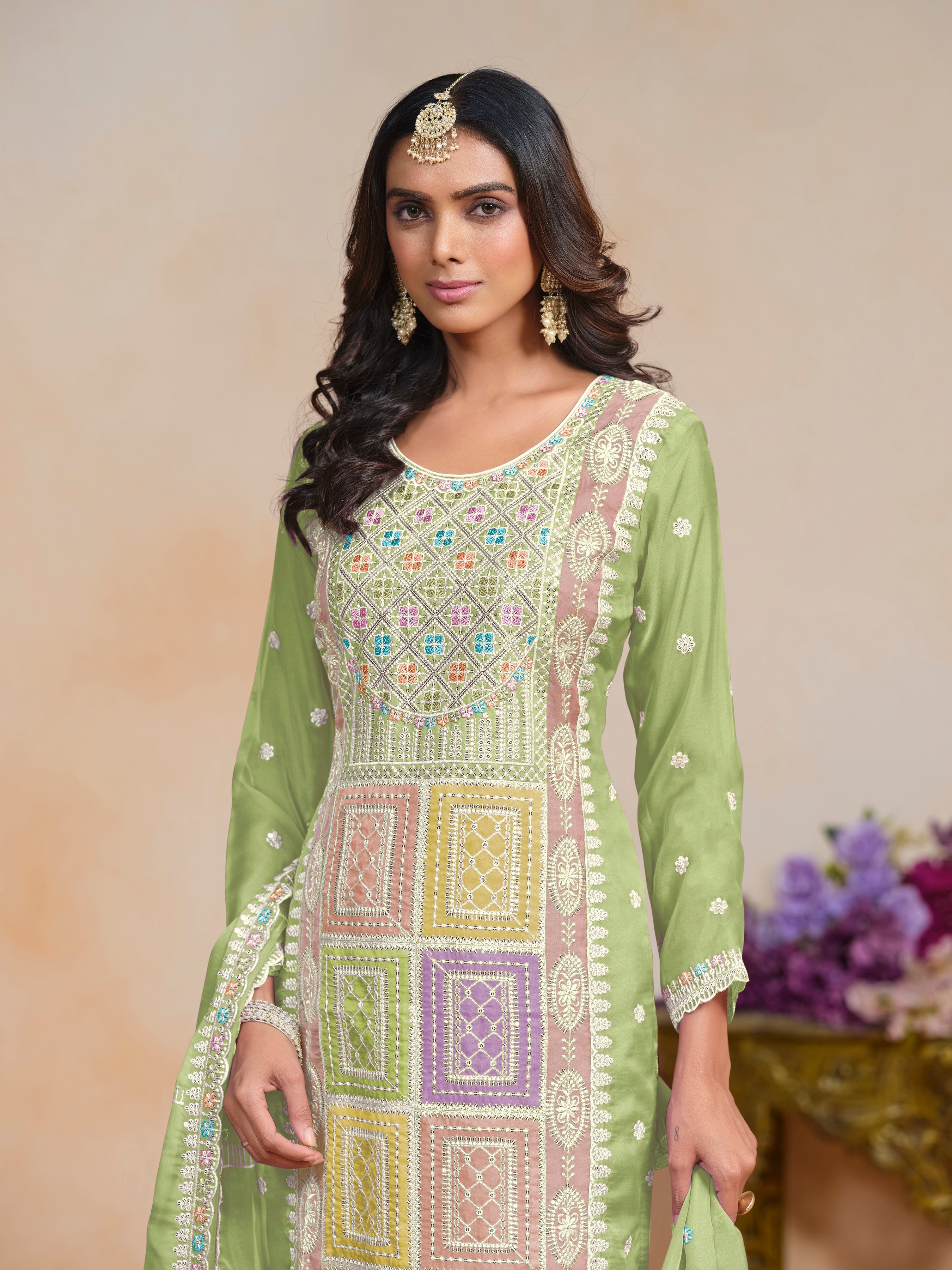 Green Organza Embroidered  Kurti With Pant Dupatta