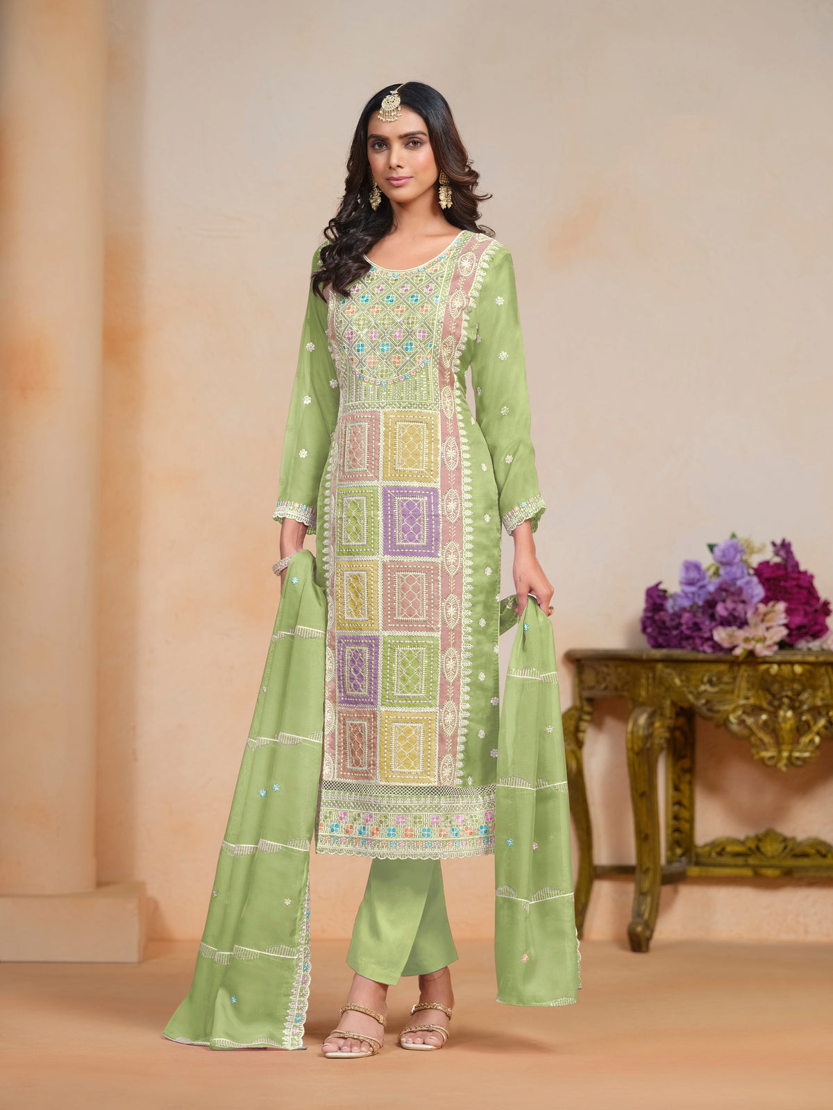 Green Organza Embroidered  Kurti With Pant Dupatta