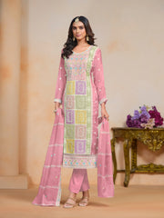 Pink Organza Embroidered  Kurti Pant Dupatta