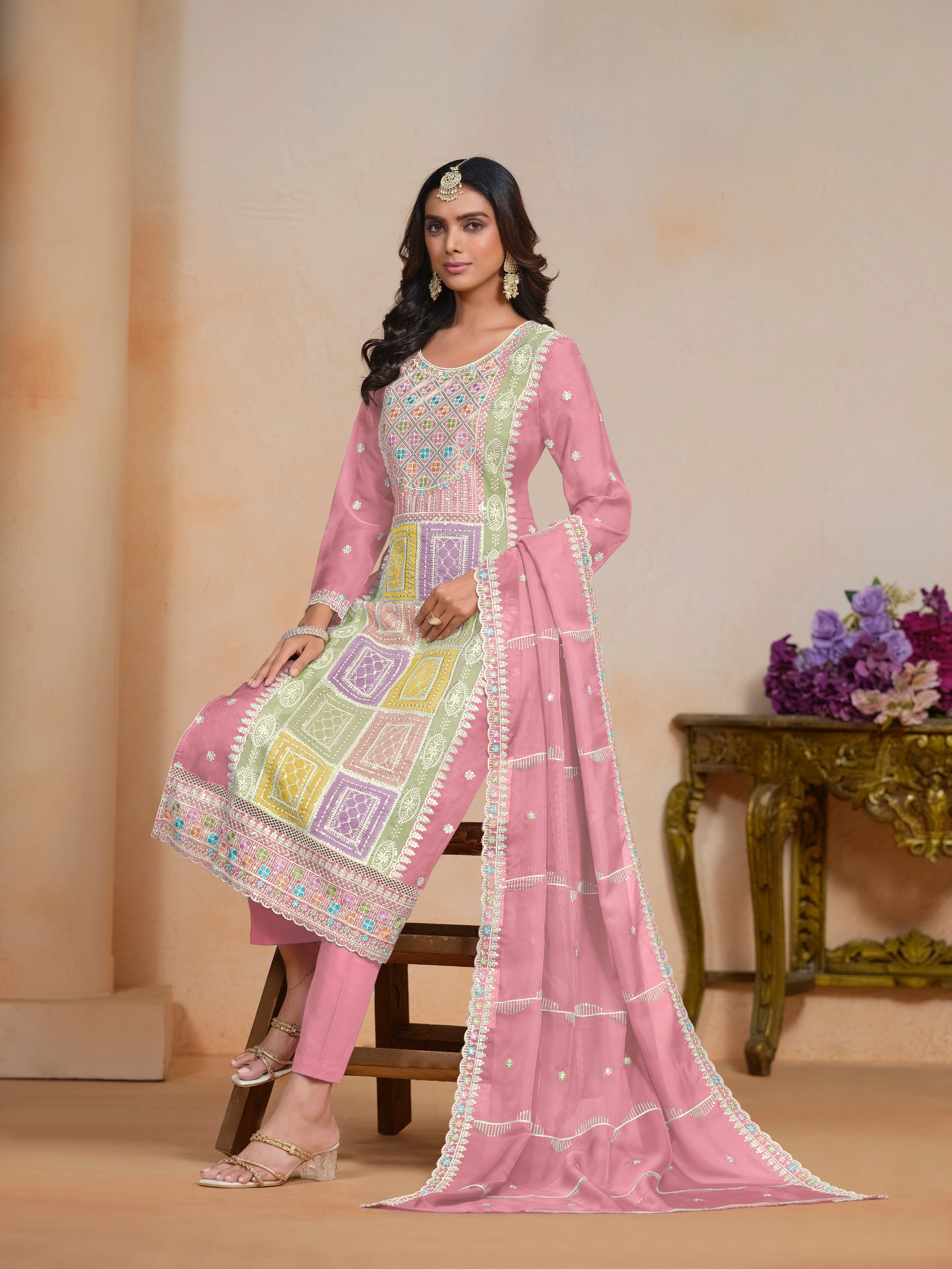 Pink Organza Embroidered  Kurti Pant Dupatta