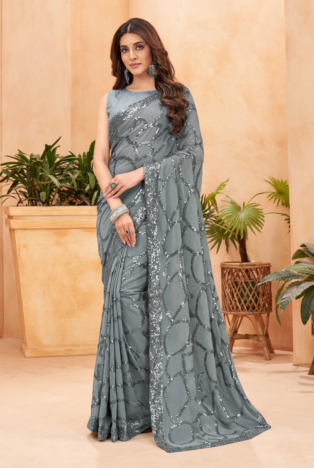 Grey Faux Georgette Sequins Embroidered Saree