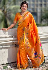 Orange Organza Paithani Silk Woven Meenakari Saree